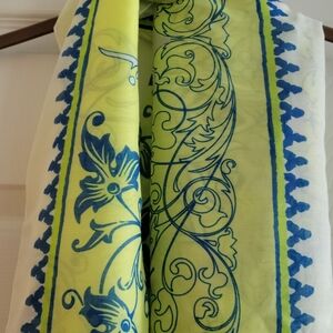 ZARA Large Shawl/Scarf 75" X 36" In White,Yellow-Greens,Blue Floral Design, NWT